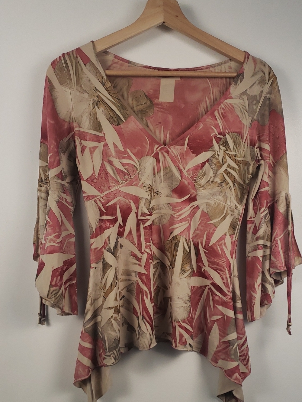 Y2k Orange USA Pink Tropical Handkerchief Hem Top Bell Sleeve Boho Blouse Small